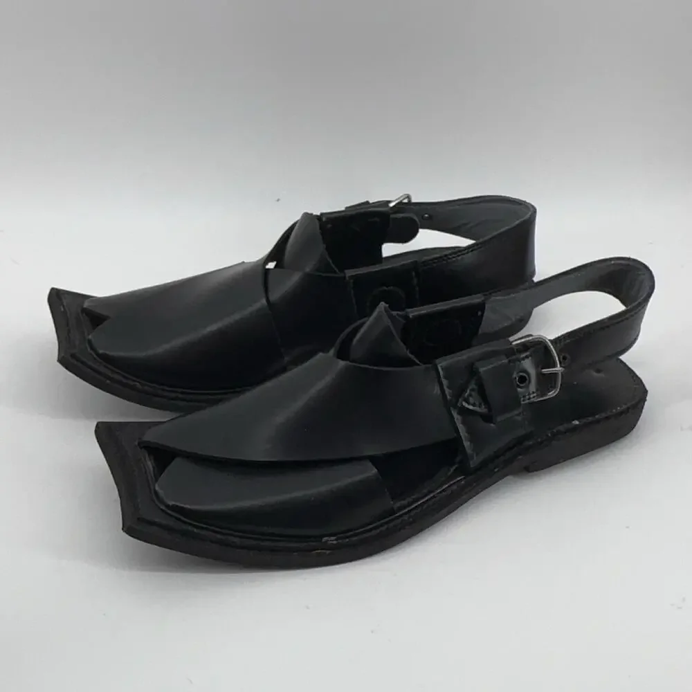 GUL Handcrafted Black Leather Peshawari Chappal Sandals Men’s Size 9 Buckle